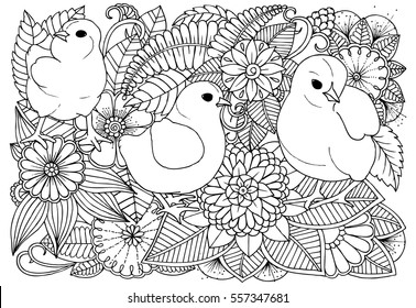 Chickens in garden. Monochrome floral pattern with birds. Can use for adult colorin book