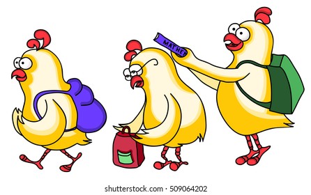 Chickens go to school. Vector image with simple gradients, isolated on white background. All on the same layer.