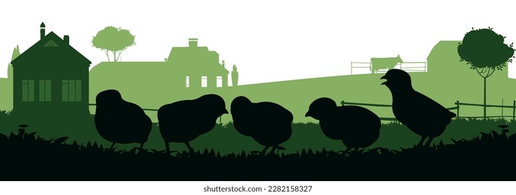 Chickens grazing. Scenery silhouette. Agricultural farm bird. Object isolated on white background. Farm building. Vector