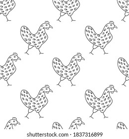 Chickens hand drawn vector seamless pattern. Stylized hens abstract design elements. Easter Texture with cock. Ornamented elements for food or farming design