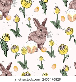 Chickens, hares, rabbits, Easter, pas Hallie eggs. Happy Easter holiday pattern. For printing on prints, t-shirts, logos, sportswear