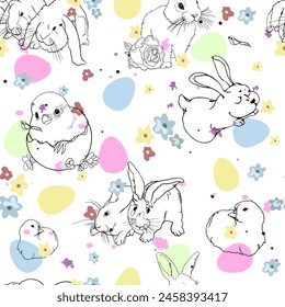 Chickens, hares, rabbits, Easter, pas Hallie eggs. Happy Easter holiday pattern. For printing on prints, t-shirts, logos, sportswear