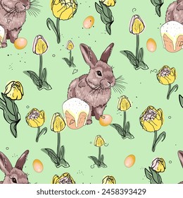 Chickens, hares, rabbits, Easter, pas Hallie eggs. Happy Easter holiday pattern. For printing on prints, t-shirts, logos, sportswear