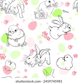 Chickens, hares, rabbits, Easter, pas Hallie eggs. Happy Easter holiday pattern. For printing on prints, t-shirts, logos, sportswear