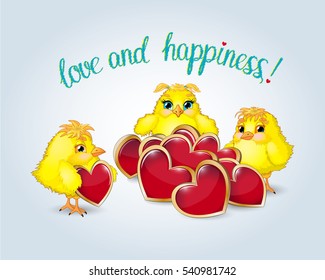 Chickens with hearts and the inscription "Love and happinessÂ». Vector illustration. Chickens gather happiness and love in the form of shiny hearts.