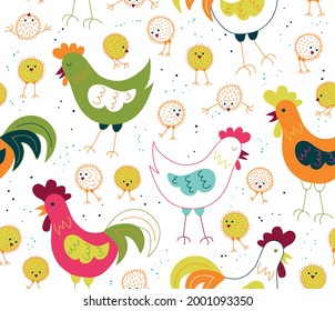 Chickens,  hen and rooster - vector Seamless pattern. Loop pattern for fabric, textile, wallpaper, posters, gift wrapping paper, napkins, tablecloths. Print for kids. Children's print