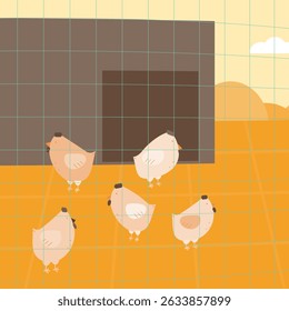 chickens in a henhouse, flat illustration