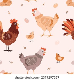 Pollos, gallinas, gallos y huevos sin fisuras. Ornamento de aves de corral. Diseño de la ilustración de los vectores de aves de granja doméstica para textiles, tela, fondo, papel pintado, envoltorio, embalaje.