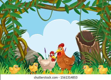 Chickens in jungle scene illustration