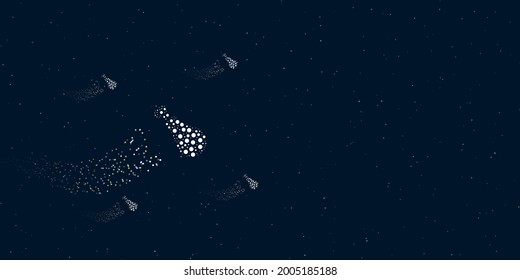 A chicken's leg symbol filled with dots flies through the stars leaving a trail behind. There are four small symbols around. Vector illustration on dark blue background with stars