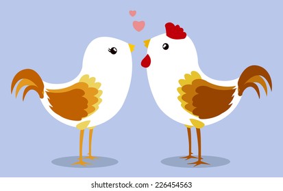 Chickens in love on light blue background