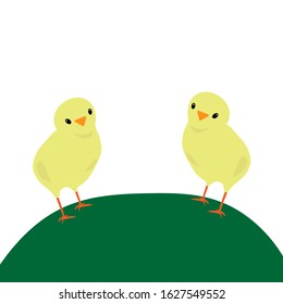 
chickens in a meadow.  Flat vector illustration. Copy paste. Space for text. Easter.  For kids.  Template for invitation, postcard, banner, print, t-shirt, pillow print.