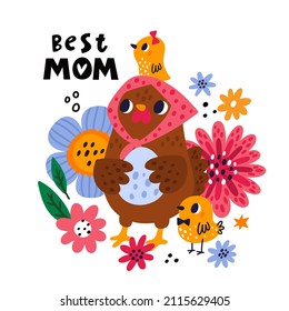 Chickens mothers day. Little chicks with funny hen mom. Bird holding egg. Flowers and plants. Cartoon greeting card. Poultry characters. Domestic animals. Fowl family