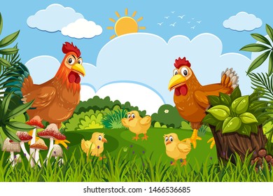 Chickens in nature scene illustration