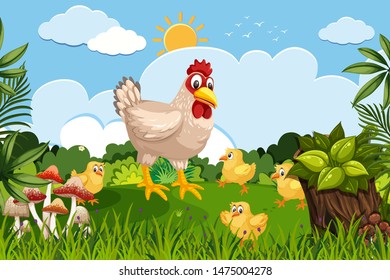 Chickens in nature scene illustration