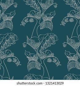 Chickens in nests sleep in a tree. Birds in the nests. Berries grow on trees. Flowers bloomed on a tree. Foliage on a tree. Seamless pattern. Children's textiles.