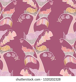 Chickens in nests sleep in a tree. Multi-colored birds in the nests. Berries grow on trees. Flowers bloomed on a tree. Foliage on a tree. Seamless pattern. Children's textiles.
