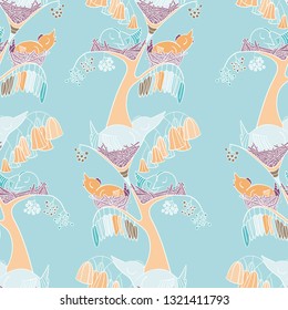 Chickens in nests sleep in a tree. Multi-colored birds in the nests. Berries grow on trees. Flowers bloomed on a tree. Foliage on a tree. Seamless pattern. Children's textiles.