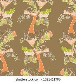 Chickens in nests sleep in a tree. Multi-colored birds in the nests. Berries grow on trees. Flowers bloomed on a tree. Foliage on a tree. Seamless pattern. Children's textiles.