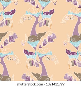 Chickens in nests sleep in a tree. Multi-colored birds in the nests. Berries grow on trees. Flowers bloomed on a tree. Foliage on a tree. Seamless pattern. Children's textiles.