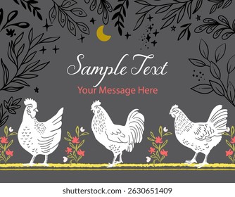 Chickens at Night Vector Card Background