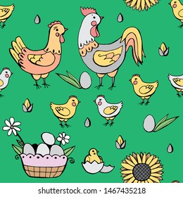 
chickens on a green meadow