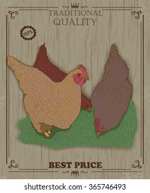 Chickens on wooden background. Hand drawn colorful Hens. Vector illustration. Vintage