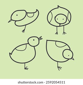 Chickens in outline doodle stile. Vector minimalistic 