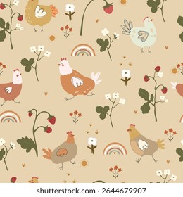 Chickens pattern with bees, strawberries, flowers and rainbows, seamless pattern. Vector illustration with animalsand plants, hand drawn pattern.