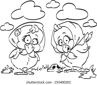 Chickens pecking seeds in the yard with great excitement .  Coloring page for children.
