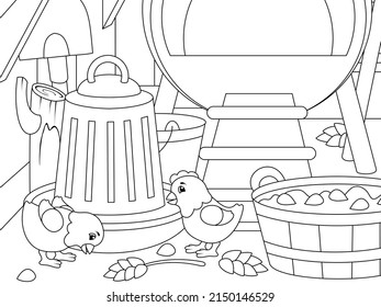 Chickens are playing in the coop. Childrens coloring, black lines, white background.