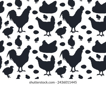 Chickens, quail silhouettes seamless pattern. Cock, chicken, chick. Domestic poultry egg farming. on white background. Vector background for farming products package, card, wrapping paper design