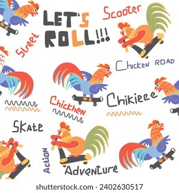 chickens riding skateboards and scooters with words patterns