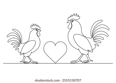 Chickens rooster continuous line drawing and minimalist style isolate outline  vector icon