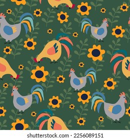 Chickens, rooster and sunflowers pattern. Endless vector texture in cartoon style on green background.