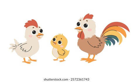 Chickens with a rooster. The village is a poultry farm. Vector illustration on a white background.