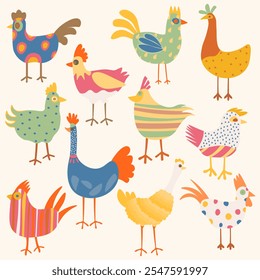 chickens and roosters hand drawn with pen tool in cartoon style for fun
