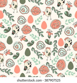 Chickens, roses, eggs. Easter background. Texture. Seamless. Wallpaper.