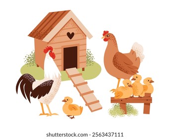 Chickens and a rustic birdhouse. Rooster and hen near a cozy birdhouse. Family and home life on a farm.