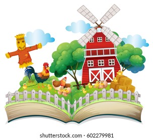 Chickens and scarecrow by the barn illustration