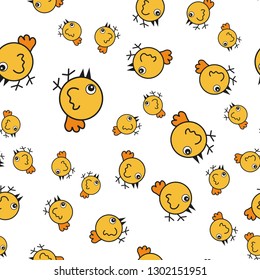 Chickens seamless pattern in cartoon style. On white background, vector illustration.