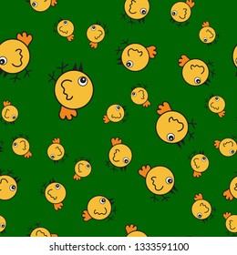 Chickens seamless pattern in cartoon style. On color background, vector illustration.