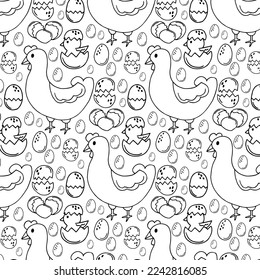 Chickens seamless pattern with eggs isolated on white background