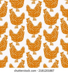 Chickens seamless pattern. Illustration in linocut style. Yellow print on white background