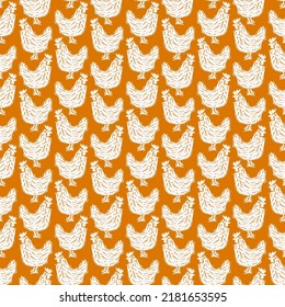 Chickens seamless pattern. Illustration in linocut style. White print on orange background