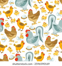 Chickens seamless pattern. Rooster and hen. Farm birds. Egg hatch. Domestic poultry. Cute chicks in nest. Repeated agriculture print. Farmyard animals. Cartoon cockerels