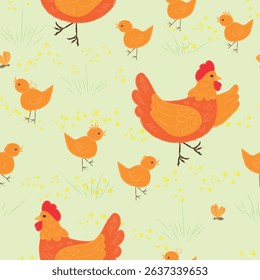 Chickens. Seamless vector pattern of hens and chicks on a green background.