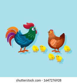 Chickens set vector illustration in Color. Brown and white Hen and Rooster. Male and female chickens set