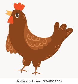 Chickens set vector illustration in Color. Brown and white Hen and Rooster. Male and female chickens set.