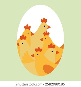 Chickens in the shape of an egg. On a white background.